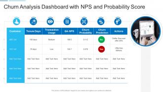 Churn analysis dashboard with nps and probability score