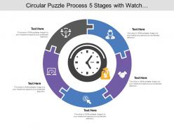 Circular puzzle process 05 stages with watch and money icon