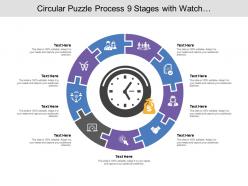 Circular puzzle process 09 stages with watch and money icon