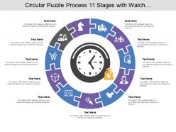 Circular puzzle process 11 stages with watch and money icon
