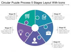 Circular puzzle process 5 stages layout with icons