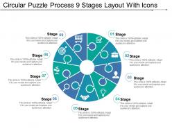 Circular puzzle process 9 stages layout with icons