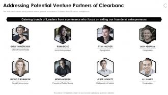 Clearbanc funding elevator addressing potential venture partners of clearbanc