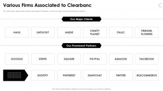 Clearbanc funding elevator various firms associated to clearbanc ppt slides design inspiration