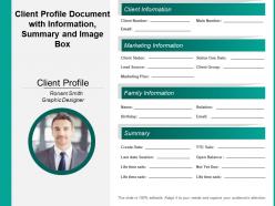 Client profile document with information summary and image box