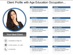Client profile with age education occupation sports and notes