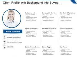 Client profile with background info buying trigger and common objections