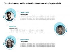 Client testimonials for marketing workflow automation services editable ppt presentation guide