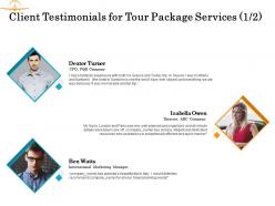 Client Testimonials For Tour Package Services Planning Ppt Powerpoint Presentation Icon