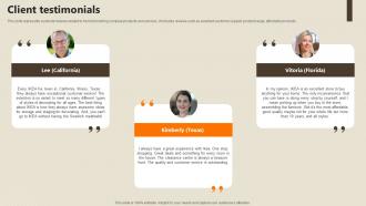 Client Testimonials Home Furnishing Business Investor Funding Elevator Pitch Deck