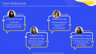 Client Testimonials Social Audio Networking Community Investor Funding Elevator Pitch Deck