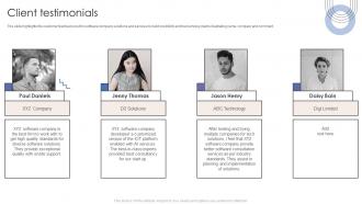 Client Testimonials Software Products And Services Company Profile Ppt Show Graphics Template