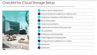 Cloud storage it checklist for cloud storage setup ppt summary tips