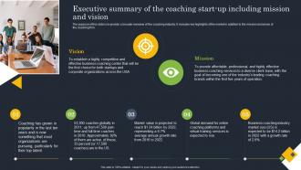 Coaching Start Up Executive Summary Of The Coaching Start Up Including Mission And Vision BP SS