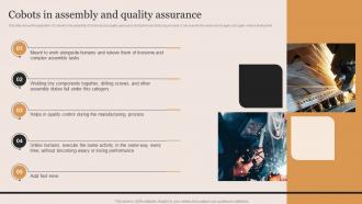 Cobots In Assembly And Quality Assurance Cobots Applications Ppt Show Graphics Example