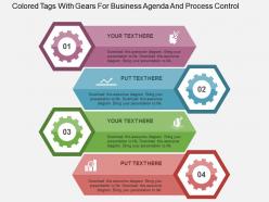 Colored tags with gears for business agenda and process control flat powerpoint design