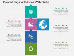 Colored tags with icons with globe flat powerpoint design