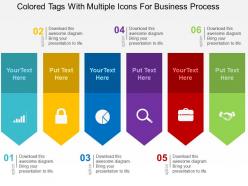 Colored tags with multiple icons for business process flat powerpoint design
