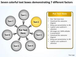 Colorful text boxes demonstrating 7 different factors processs and powerpoint slides