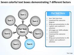 Colorful text boxes demonstrating 7 different factors processs and powerpoint slides