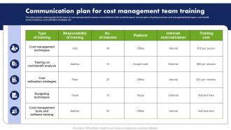 Communication Plan For Cost Management Team Training Cost Reduction Techniques