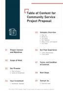 Community Service Project Proposal Table Of Content One Pager Sample Example Document