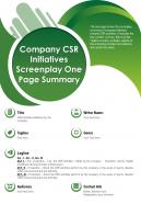 Company csr initiatives screenplay one page summary presentation report infographic ppt pdf document