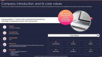Company Introduction And Its Core Values Small It Business Company Profile Ppt File Professional