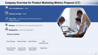 Company overview for product marketing metrics proposal ppt slides grid