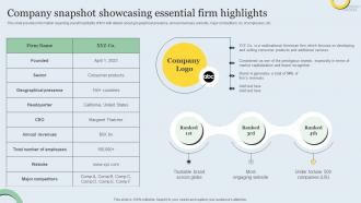 Company Snapshot Showcasing Essential Firm Highlights Strategic Brand Management Toolkit