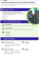 Companys business overview with vision and mission presentation report infographic ppt pdf document