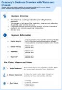 Companys business overview with vision and mission template 67 report infographic ppt pdf document