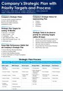 Companys strategic plan with priority targets and process presentation report infographic ppt pdf document