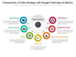 Components of data strategy with budget estimates and metrics