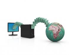 Computer server with globe showing transfer of data stock photo
