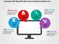 Computer with magnifier bar graph and business man icon flat powerpoint design