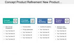 Concept product refinement new product development steps with icons