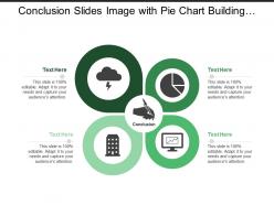 Conclusion slides image with pie chart building metrics hand and pen image