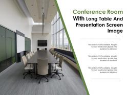 Conference room with long table and presentation screen images