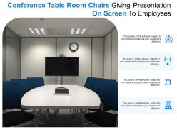 Conference table room chairs giving presentation on screen to employees
