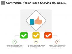 Confirmation vector image showing thumbsup image with three ticks