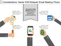 Considerations hands with notepad email meeting phone
