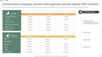 Construction Company Income And Expenses Annual Report With Variance