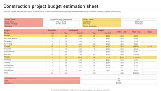 Construction Project Budget Estimation Sheet
