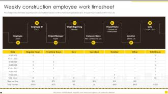 Construction Project Guidelines Playbook Weekly Construction Employee Work Timesheet