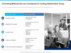 Consulting methods that are considered for creating stakeholders group method team ppt ideas