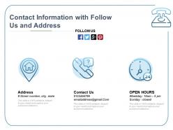 Contact information with follow us and address
