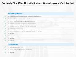 Continuity plan checklist with business operations and cost analysis