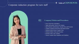 Corporate Induction Program For New Staff Table Of Contents Ppt Slides Background Images