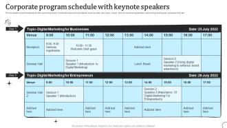 Corporate Program Schedule With Keynote Speakers Types Of Communication Strategy
